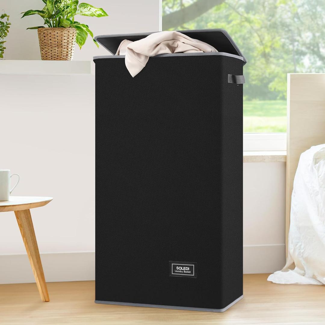 SOLEDI Laundry Hamper Black with Lid and Removable Bag - 100L Large and Tall Laundry Basket Collapsible with Handle for Clothing and Toys Storage - Dirty Clothes Hamper for Bedroom, Bathroom, Dorm