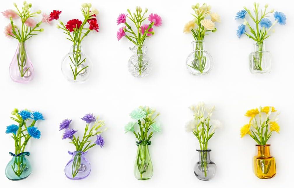 Mini Vase Magnets for Fridge, 10pack Cute Tiny Magnetic Glass Vases Refrigerator Accessories, Real Flowers Pot Magnet, Funny Aesthetic Plant Pot Locker Office Kitchen Decoration, Small Magnet Bud
