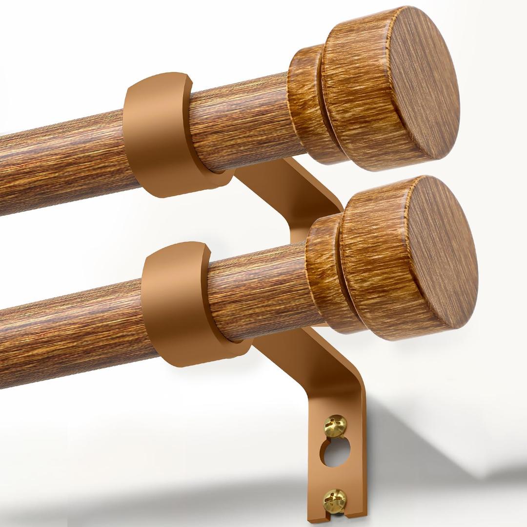 Lootkell 2 Pack Wood Curtain Rods for Windows 28 to 48 Inches 1" Diameter Boho Decorative Heavy Duty Window Curtain Rod Set Adjustable with Handmade Wood Grain Design for Living Room Bedroom Kitchen