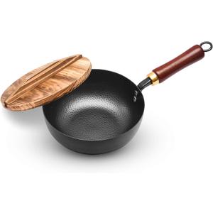 Carbon Steel Wok Pan with Wooden Lid, 7.8-Inch (1.6QT) Small Wok, Cold-Forged Flat Bottom Stir Fry Pan, Coating-Free, Induction Ready, for Eggs, Ramen, Soup & Oatmeal
