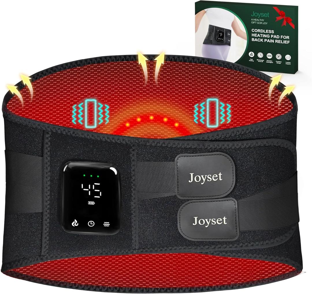 Joyset Cordless Heating Pad for Back Pain Relief, 47-60" Lower Back Massager with 5 Heat 5 Vibration, Portable Wearable Heating Pad for Cramps, Birthday Gifts for Women Men Mom Dad(Black)
