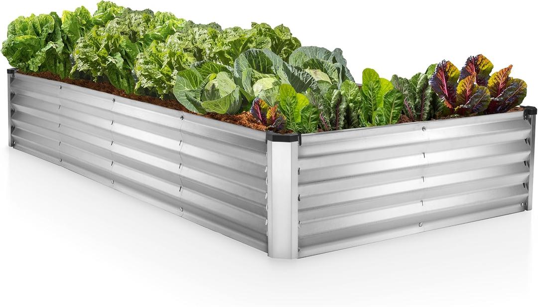 Plant & Plot Galvanized Raised Garden Beds Outdoor // 8×4×1 ft Planter Raised Beds for Gardening, Vegetables, Flowers (Silver) // Large Metal Garden Box // Patented Tool-Free Design