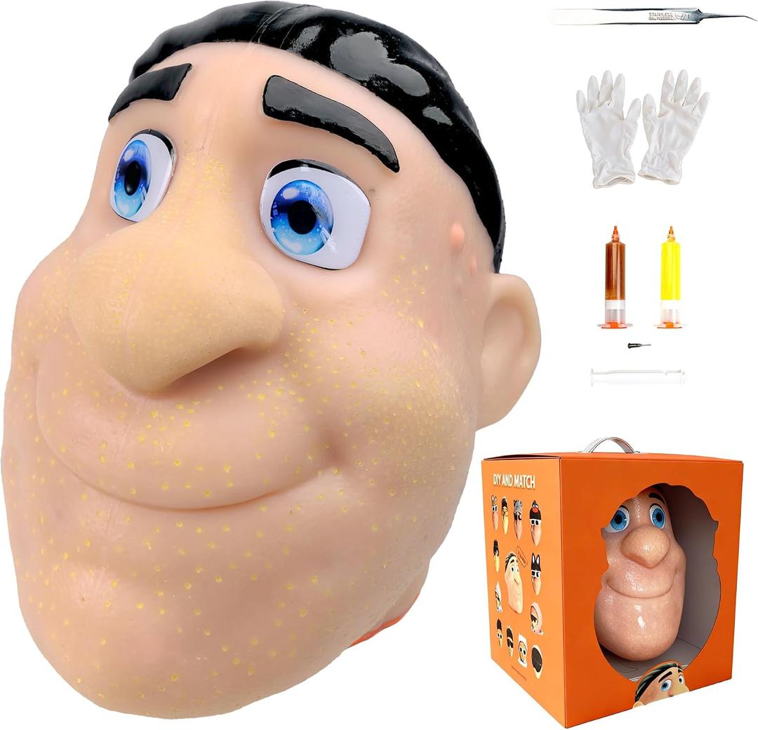 2026 Premium Pack Refillable Pimple Popping Toy Big Head Squeeze Toy for Stress & Anxiety Relief, Realistic Pus Burst Fidget Toy, Funny Gag Gift for Adults, Black Hair, Black Hair Premium Pack