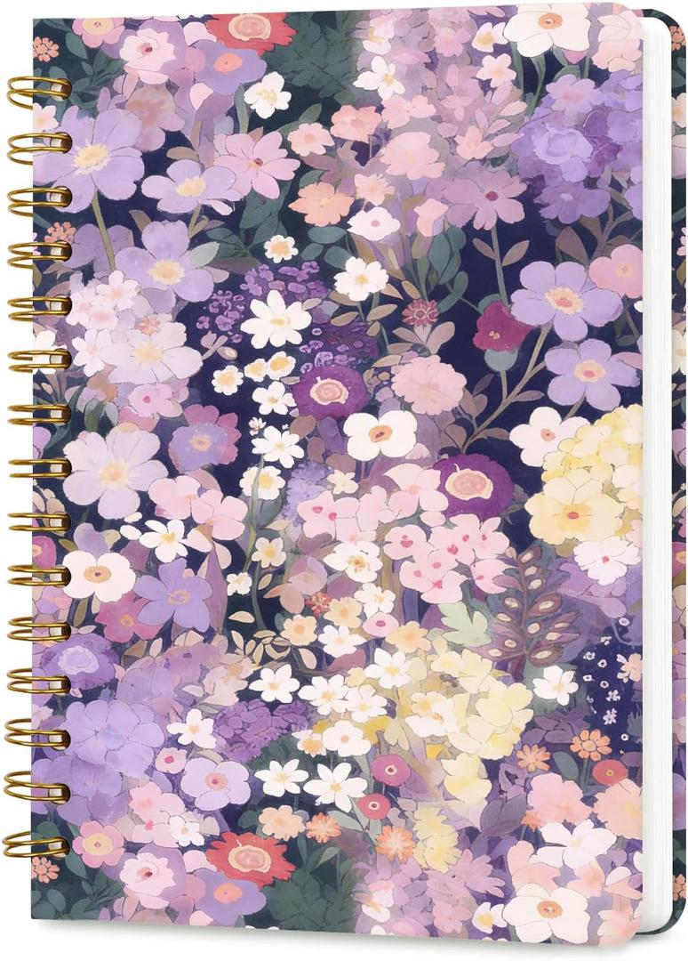 Lined Spiral Journal Notebook, A5 College Ruled Spiral Notebook for Women, Hardcover with Elegant Design for Work and Note-Taking, 5.5 * 8.25 inch,160 Pages, Purple Floral