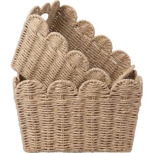 2 Pack Scalloped Wicker Baskets for Shelves, Paper Rope Storage Baskets for Organizing with Handles, Decorative Woven Baskets for Bathroom, Closet, Nursery