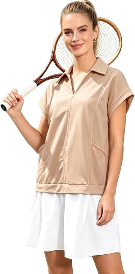 Women Casual Dresses Loose Fit Polo V-Neck Short Sleeves Patchwork Athletic Tennis Dress with Pockets Medium