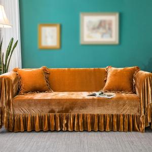 GLORY SEASON Velvet Sofa Cover Soft Decorative Luxurious Solid Exquisite Ruffle Trim,Retro Farmhouse Vintage Sofa Slipcover Couch Cover for 2-3 Cushion Sofa for Living Room 1PC, 118"D x 71"W x 0.11"H