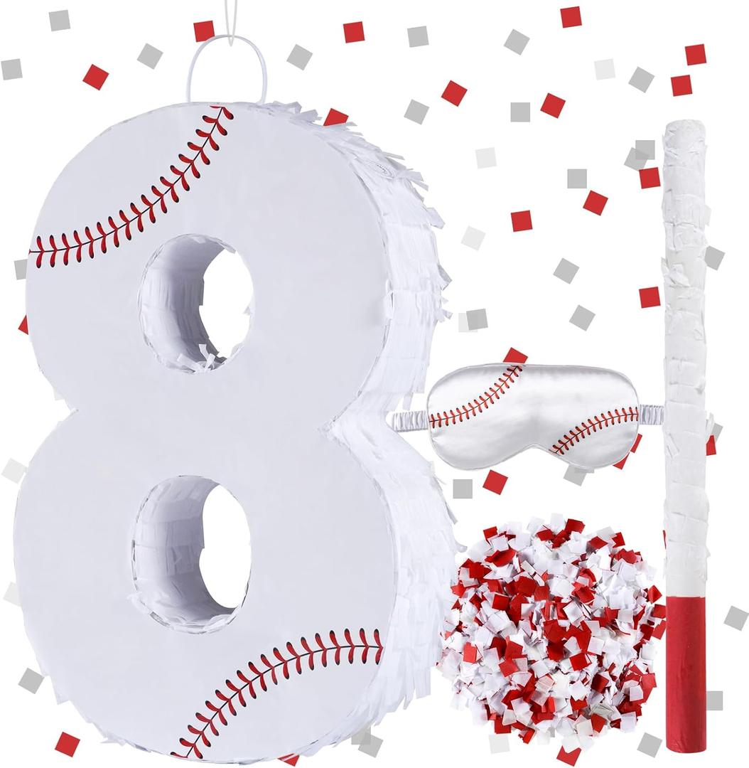Baseball Birthday Decorations, Baseball Number 8 Piata with Blindfold Stick Blindfold Confetti for Baseball Pinata Sports Theme 8th Birthday Party Supplies (8TH)