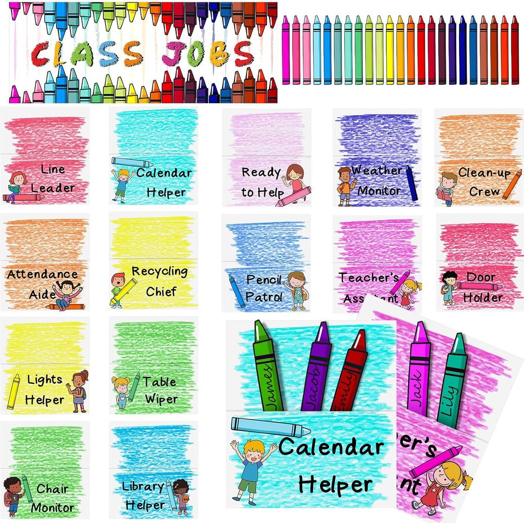 98 Pcs Crayon Classrooms Class Jobs Chart Set Colorful Class Bulletin Board Back to School Teacher's Helper Chalkboard Decor Classroom Bright Jobs Chart with 60 Adhesive Points