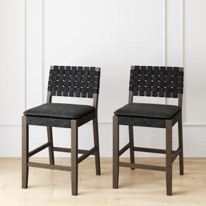 Nathan James Cohen Mid-Century Modern Suede Bar Stool, Counter Height Chair in Solid Wood Frame with Footrest and Woven Suede Back for Kitchen, Black, Set of 2