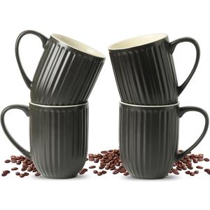 HASENSE Coffee Mugs Set of 4, 16 Oz Large Ceramic Ribbed Latte Cups with Big Handle for Coffee, Tea and Cocoa, Modern Design & Light Weight, Microwave & Dishwasher Safe, Black