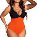 Womens One Piece Swimsuits-Sexy Deep V Neckline Tummy Control Bathing Suit Slimming Mesh Swimwear  (Medium Plus, Orange + Black)