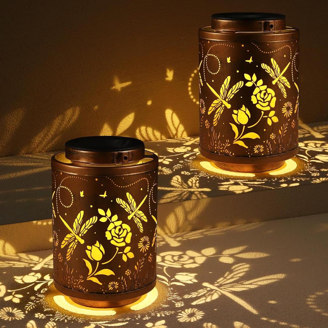 2 Pack Solar Lanterns Garden Decor Birthday Gifts for Women Mon Grandma Metal Hanging Solar Lights Waterproof Outdoor Decoration for Outside LED Lanterns for Yard (Dragonfly)
