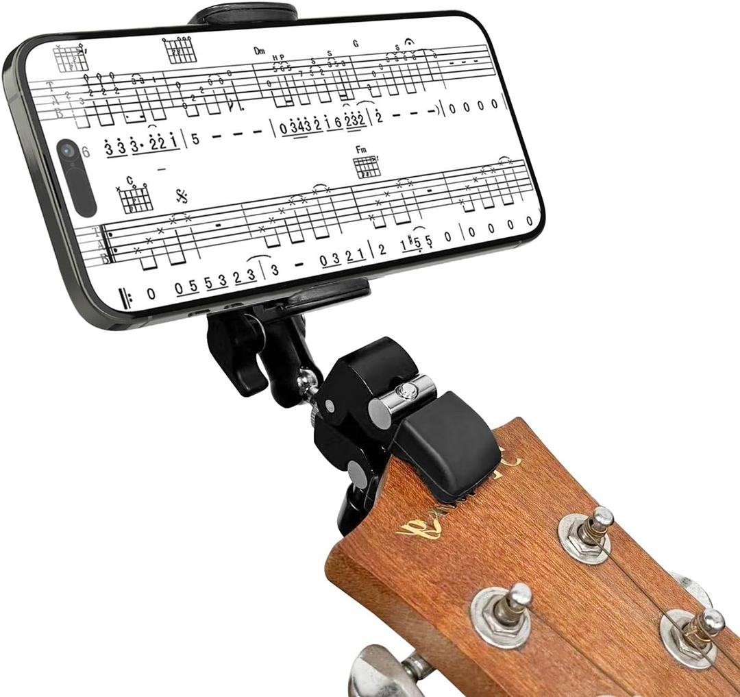 Khazylorr Guitar Phone Holder Mount, Universal Guitar Head Camera Mount Clamp Clip Angle Adjustment 360 Rotation Phone Holder for Guitar Bass Ukulele for iPhone Samsung All Smartphones