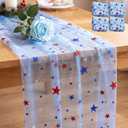 Fanfanwin 4pcs 4th of July Patriotic Table Runner, 9ft Cheesecloth Table Runner Gauze Decoration Red White and Blue Stars for Independence Day America's 250th Anniversary Home Party (Stars)
