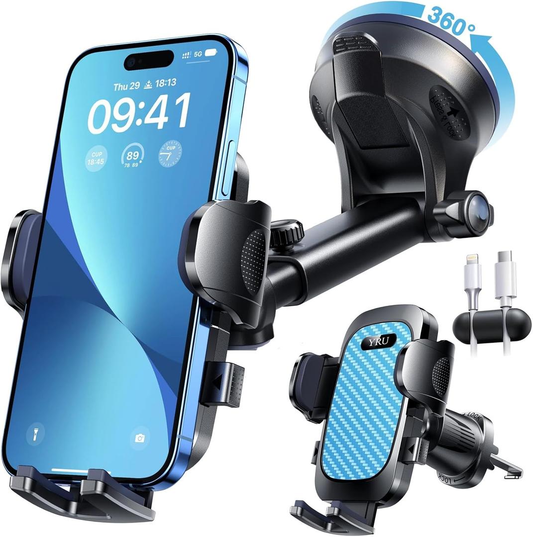 YRU True Military-Grade [360 Rotation Suction] 2025 Ultimate Car Phone Holder Mount 90+LBS Safest Strongest & Patent Certs Dashboard Windshield Vent for iPhone 17 16 Pro Max Samsung, Royal Blue