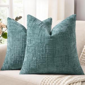 decorUhome Summer Teal Chenille Throw Pillow Covers 18x18 Set of 2 Textured Soft Cozy Slubby Couch Pillow Covers Modern Farmhouse Boho Decorative Pillow Cases for Bed Sofa Living Room