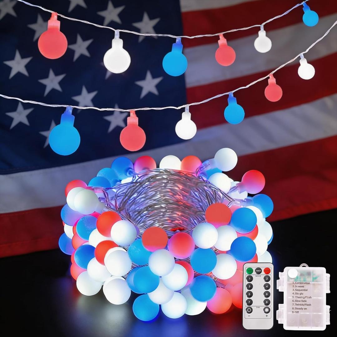 YEGUO Globe String Lights Battery Operated, 33ft 100 Led 4th of July Light Outdoor Waterproof, 8 Modes Hanging Fairy Lights Indoor with Remote for Patriotic Decor(Red White and Blue)