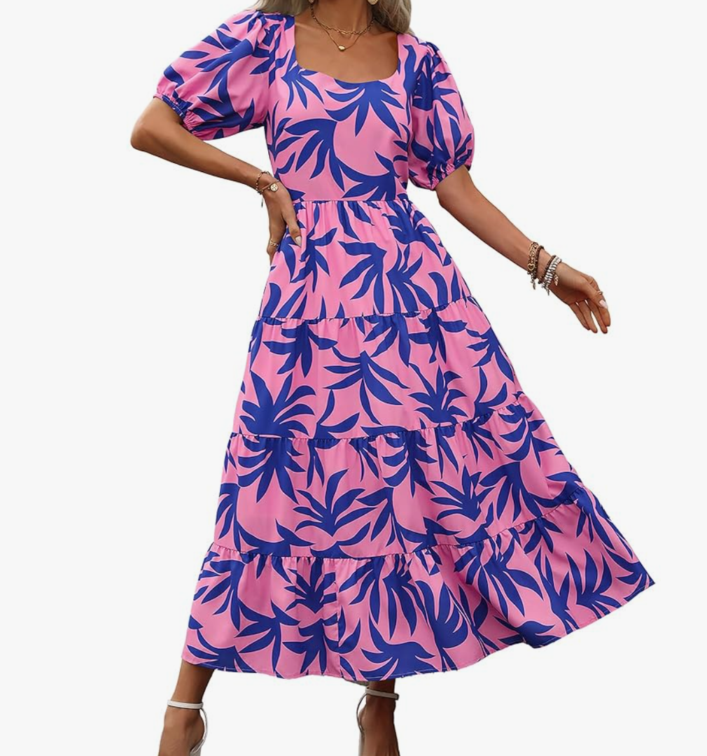 BTFBM Women's Boho Summer Dresses Short Sleeve Floral Print Smocked Tie Back Tiered A-Line Flowy Cruise Vacation Dress XXL