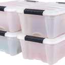 IRIS USA 13 Qt Stackable Plastic Storage Bins with Lids, 4 Pack - BPA-Free, Made in USA - Discreet Organizing Solution, Latches, Durable Nestable Containers, Secure Pull Handle - Pearl