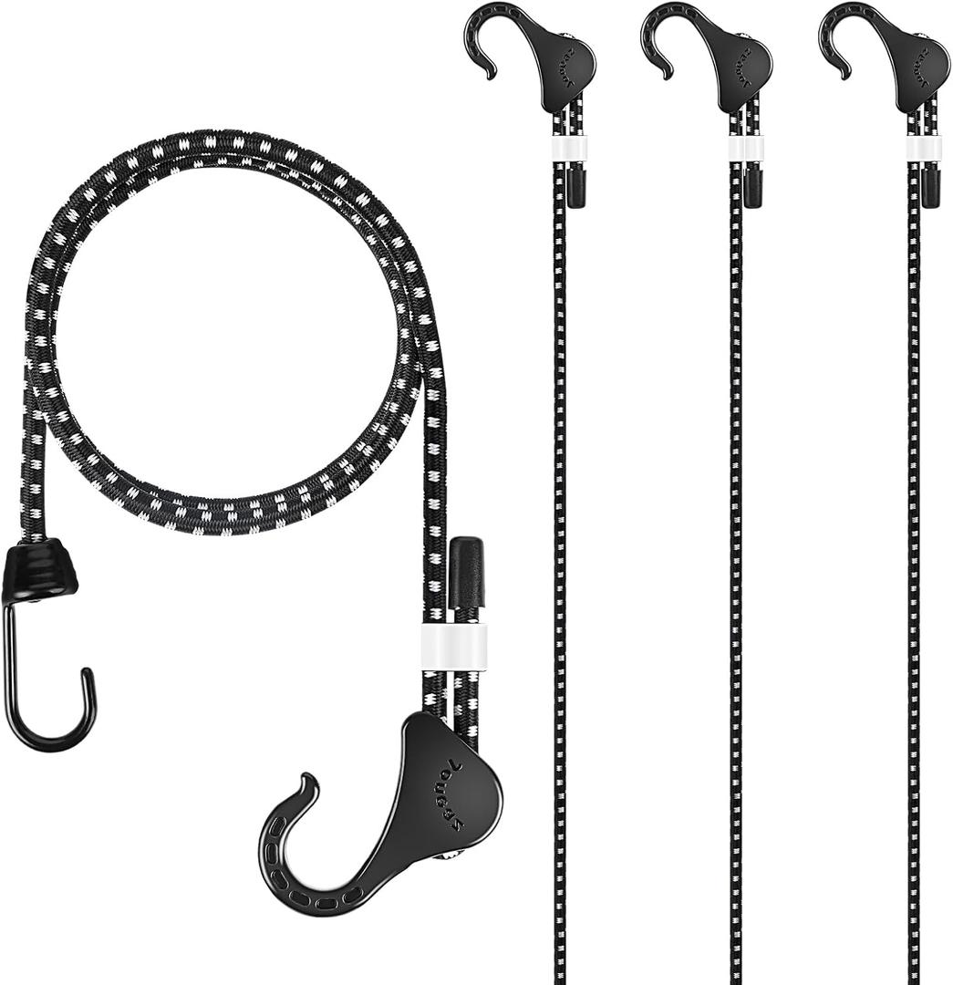Bungee Cords with Hooks 48 inch Adjustable, 4-Piece, Heavy Duty for Outdoor Camping Pickup and Household, UV Resistant, Black and White Color