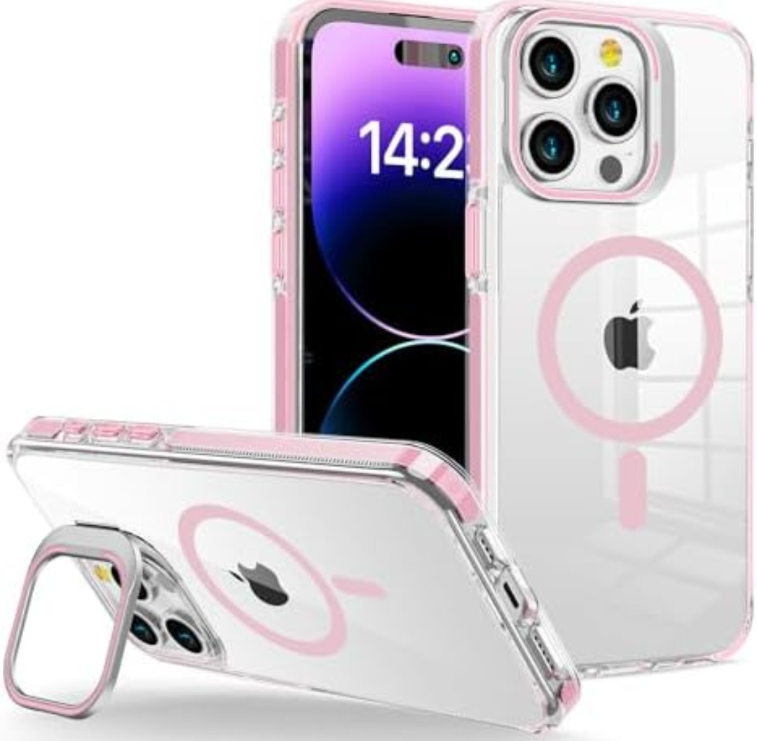 WOGROO for iPhone 13 Pro Max Case, Compatible with MagSafe, Magnetic Kickstand Case for Women Girls, Clear Pink