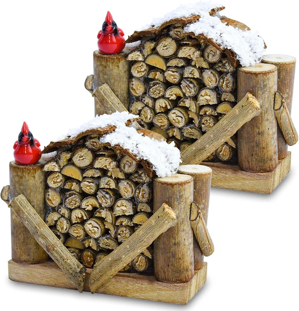 2PCS Christmas Village Wood Pile, 4.1 x 1.77 x 3.34 Inch Natural Wood Log Firewood Pile Figurine Christmas Village Accessories for Xmas Table Decorations Ornaments