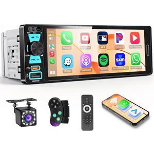 Single DIN Car Radio with Bluetooth Connection, 1 DIN Car Stereo Wireless Apple CarPlay with 6.5" HD in-Cell Touch Screen, FM/AM/RDS, USB + Type-C Ports, Remote Control, SWC, Backup Camera