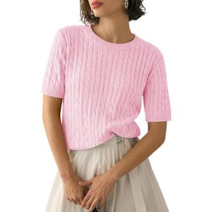 Saodimallsu Womens Cable Knit Sweater Tops Short Sleeve Crew Neck Loose Casual Summer Pullover Sweaters (Pink, M)