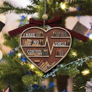 I Have No Shelf Control Funny Book Lover Heart-Shaped Wooden Miniature Bookshelf Christmas Ornament for Bibliophiles, Reading Addicts, and Literary Enthusiasts, 2 Pack