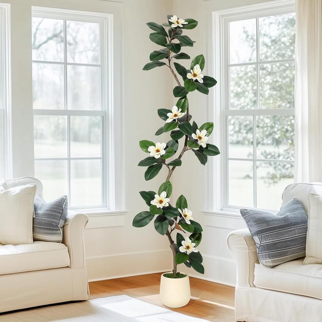 Rubber Tree 7FT Artificial Tree in White Planter Pot,Faux Plants Indoor Faux Floor Plant Artificial Plants with 8 Pcs Magnolia Flowers for Home Decor, Artificial Fiddle Leaf Fig Tree for Office (Green)
