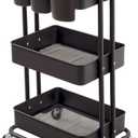 3-Tier Metal Utility Rolling Cart Storage Side End Table with Cover Board and Handle for Office Home Kitchen Organization, Black