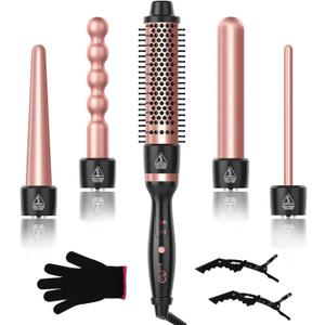 5 in 1 Curling Wand Set, Sixriver Hair Curling Iron with Curling Thermal Brush&4 Interchangeable Ceramic Curling Wand(0.4-1.25), Long Lasting Curls, Fast Heating Hair Wand Curler with Glove&2 Clips