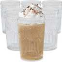 Kate Aspen Vintage Textured Clear Striped Drinking Glasses Set of 6, (13 oz) Ribbed Glassware Set with Flower Design | Cocktail Set, Glass Cups, Iced Coffee Cup