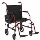 Medline Lightweight Steel Transport Chair, Folding Chair is Portable, Large 8in Back Wheels, 19in Wide Seat, Red