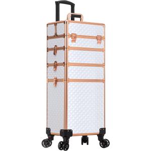 AROUS Rolling Makeup Train Case 4 in 1 Cosmetology Case on Wheels Large Storage Cosmetic Trolley with Key Salon Barber Case Traveling Cart Trunk,White