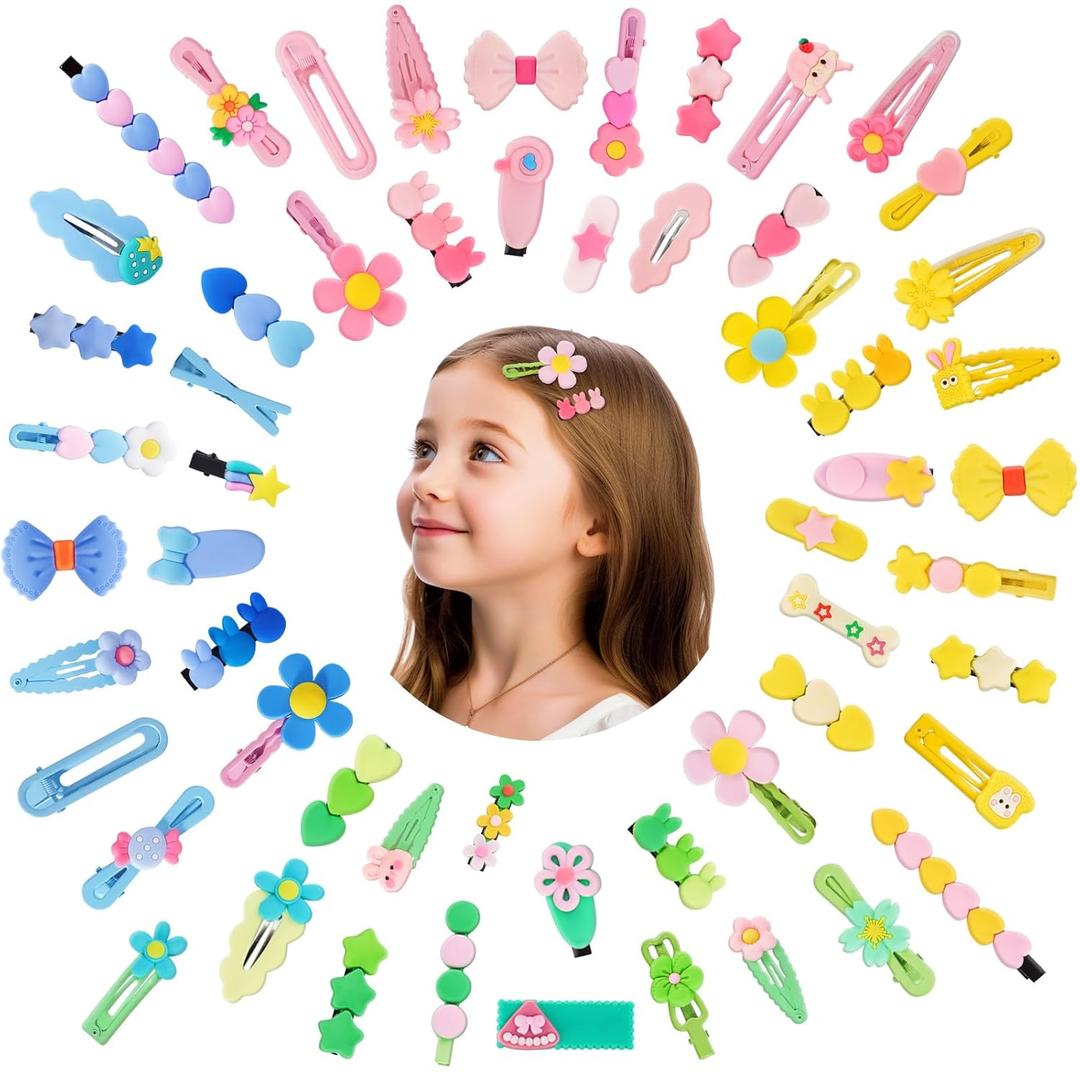 SAOROPEB 56 Pcs Hair Clips for Girls Toddler Hair Clips Cute Hair Accessories for Kids Candy Color Cartoon Design for Little Girls - Green Blue Yellow Pink