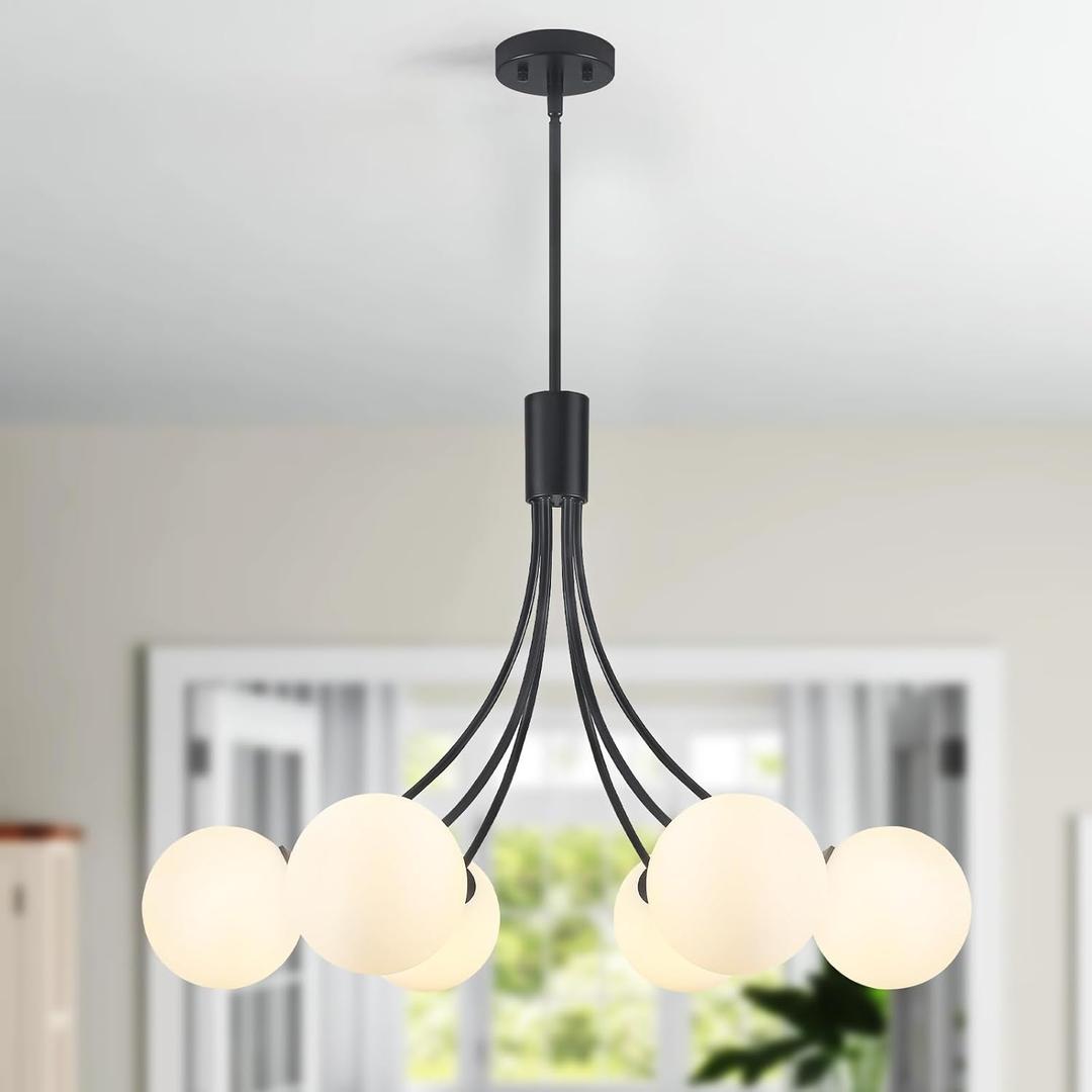 31.5" Modern Black Sputnik Chandelier - 6-Light Adjustable Hanging Fixture with Milk White Glass Shades for Dining Room, Kitchen Island, Living Room, Bedroom, Foyer Lighting