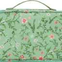 Relavel Small Makeup Bag, Travel Floral Cosmetic Bag with Makeup Brush Compartment, Portable Makeup Pouch for Women, Double Layer Makeup Organizer Bag Cute Toiletry Bag, Green Floral (2-MEDIUM)