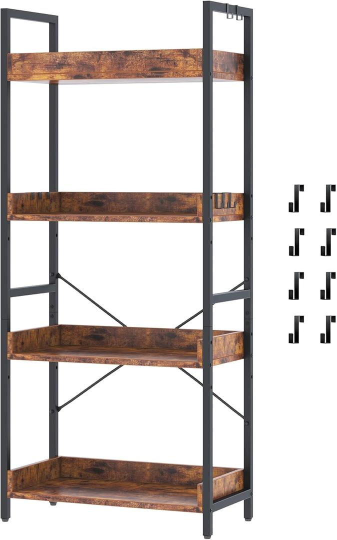 HCHQHS 4 Tier Bookshelf, Adjustable Industrial Bookcase, Vertical Tall Book Shelf, Wood and Black Metal Open Bookshelves for Home Office, Living Room, Bedroom (Rustic Brown)