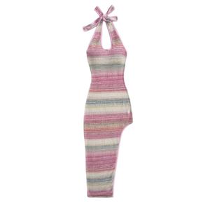 WDIRARA Women's Color Block Halter Maxi Dress High Slit Tie Backless Sleeveless Bodycon Dresses, Small , Pink 