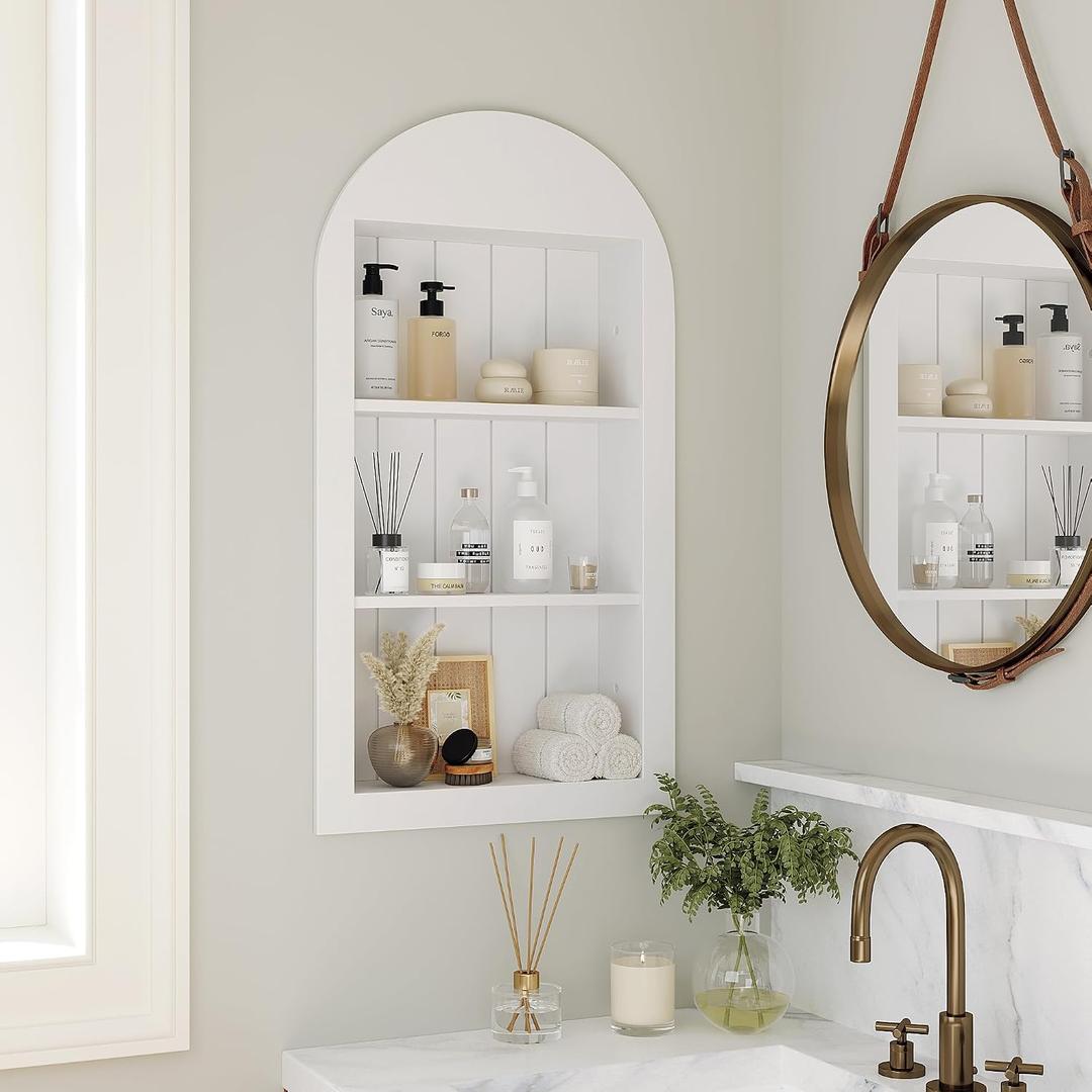 14'' x 24'' Arched Recessed Medicine Cabinet, Solid Wood Niche, White