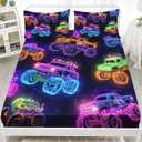AILONEN Monster Truck Fitted Sheet Set Twin Size,Cartoon Neon Truck Kids Bedding Set 3-Piece,Galaxy Themed Colorful Fitted Sheet with 2 Pillowcases