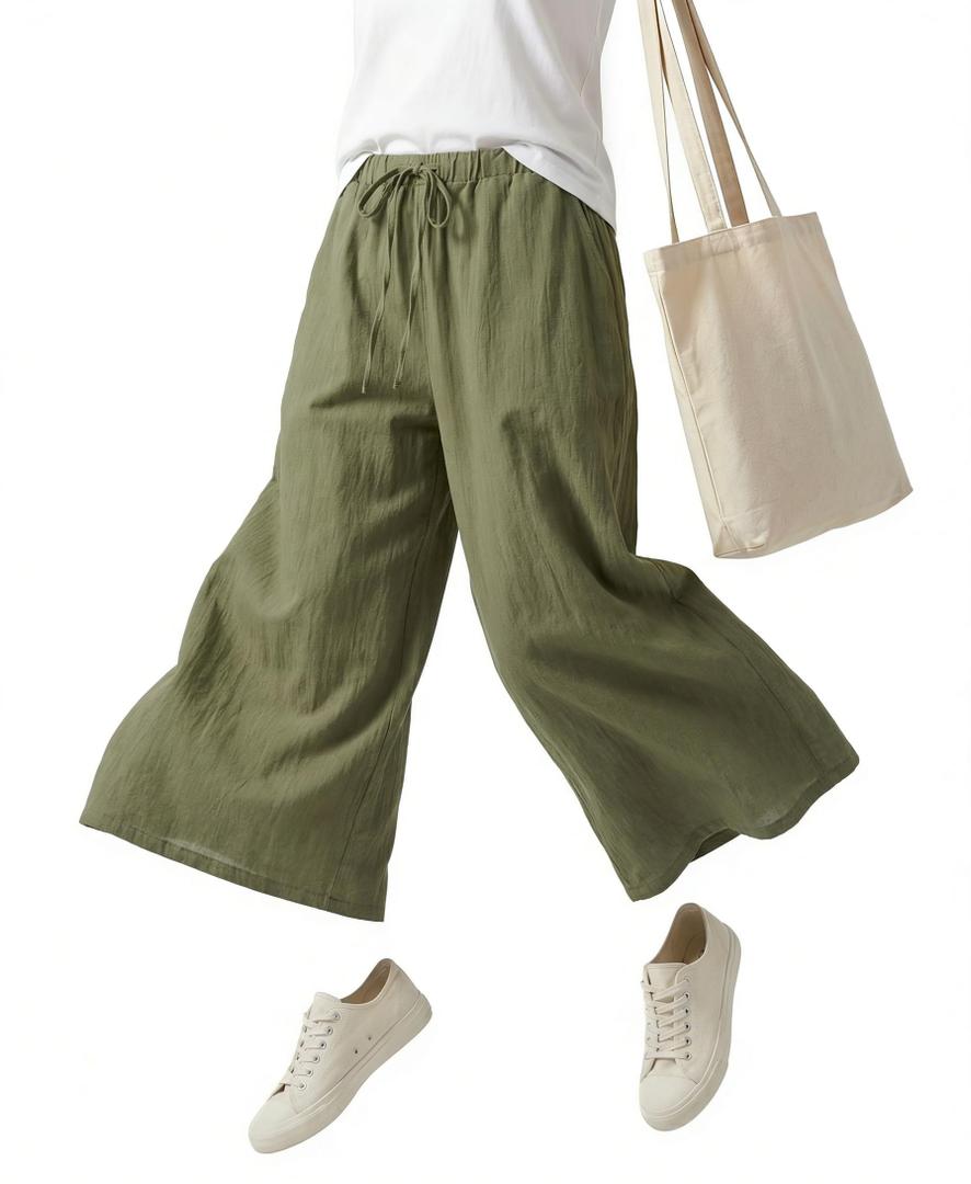 VZQI Wide Leg Pants for Women Flowy Palazzo Drawstring Elastic Waist Trousers with Pockets Summer Beach Vacation Yoga Clothes Green XL (Green, XL)