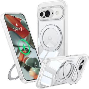 360 Spin Magnetic Stand Case for Google Pixel 9 Fit for MagSafe & Pixelsnap Cover with Ring Holder No-Yellow Crystal Clear Camera Protection Phone Google Pixel 9 Case - Clear