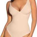 FeelinGirl Shapewear Bodysuits for Women Tummy Control Body Suits Deep V Neck Thong Body Shaper (Large, Nude)