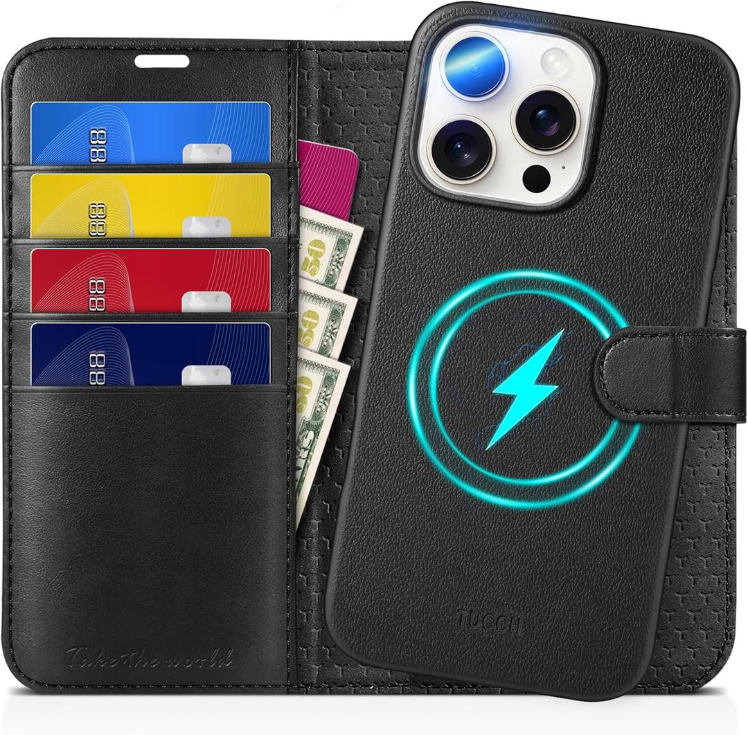 TUCCH Case Wallet for iPhone 16 Pro Max, [Detachable] Kickstand RFID Blocking 4 Card Slot Shockproof Wireless Charging Case, PU Leather Removable Cover Compatible with iPhone 16 Pro Max 5G, Full Black