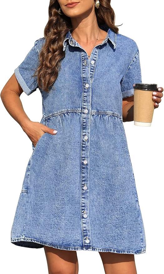KDF Denim Dress for Women with Pockets Short Sleeve Babydoll Denim Shirt Dresses for Women 2026, Light Blue, L