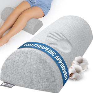 5 STARS UNITED Knee Pillow for Back Sleeping  Memory Foam Cushion for Sciatica Pain Relief  Under Leg Support for Sleeping on Back  Large Half Moon Bolster for Bed, Natural Gray with Cotton Cover