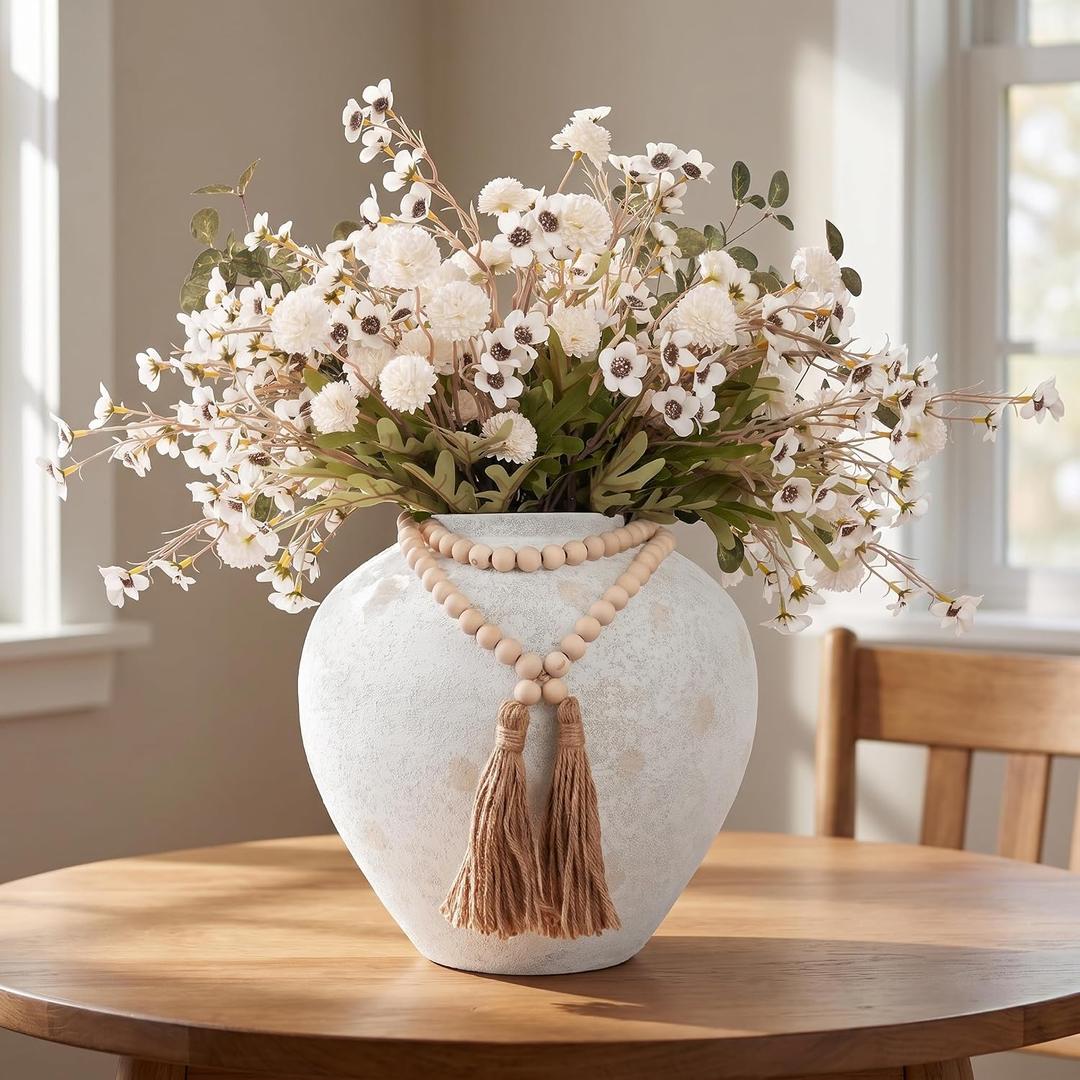 22" H Faux Silk Mums Flower Arrangements in Round White Vase Home Decor,22Pcs Fake Mums Eucalyptus Wild Flowers Floral With Extra Large Rustic Vase Dining Table Centerpiece Decor (White Large Round)
